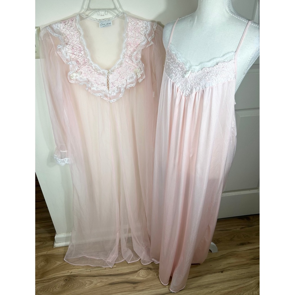 VTG 80s Secret Accents Nightgown Robe Peignoir Set Women M Pink Dollette Sheer